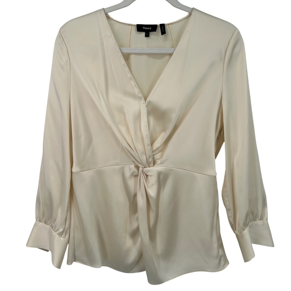 Theory Revolve Ivory Soft Satin LS Twist Blouse V-Neck Long Sleeve Top Size 6 - Picture 2 of 11